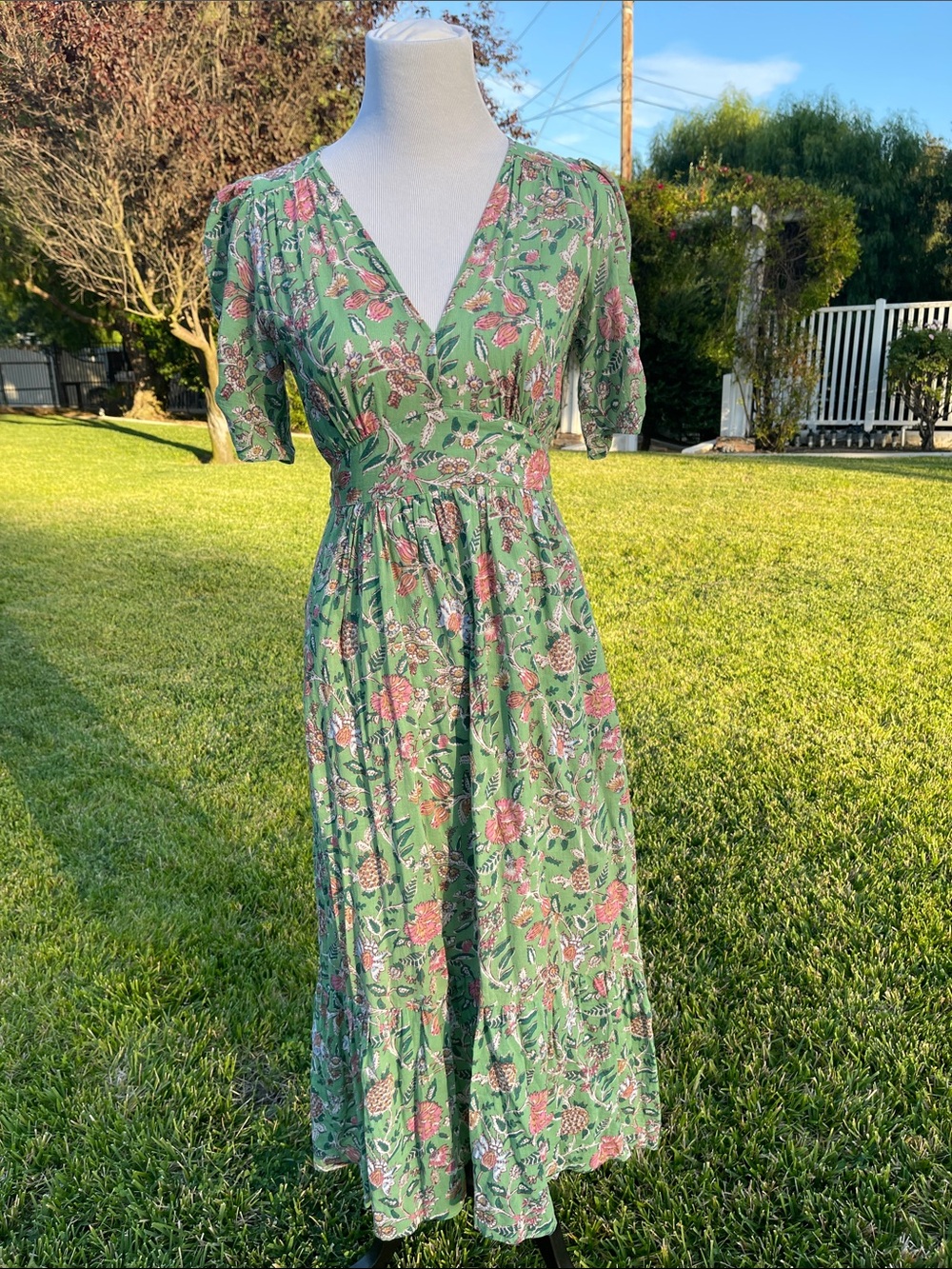Xirena Green Floral Cotton Midi Dress XS Boho Cottagecore Prairie Side Packets